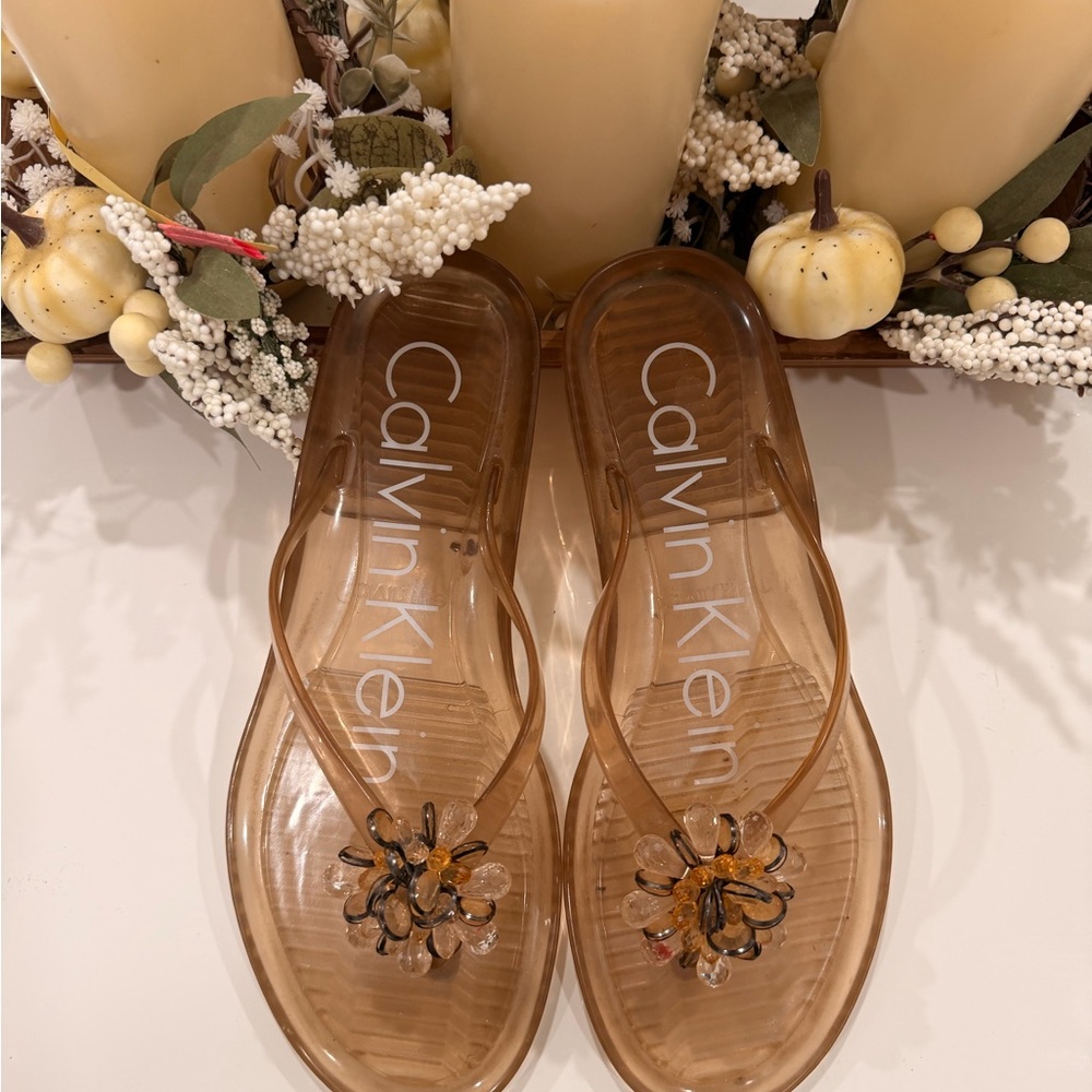 Calvin Klein Women's Brown Sandals with Floral Accent